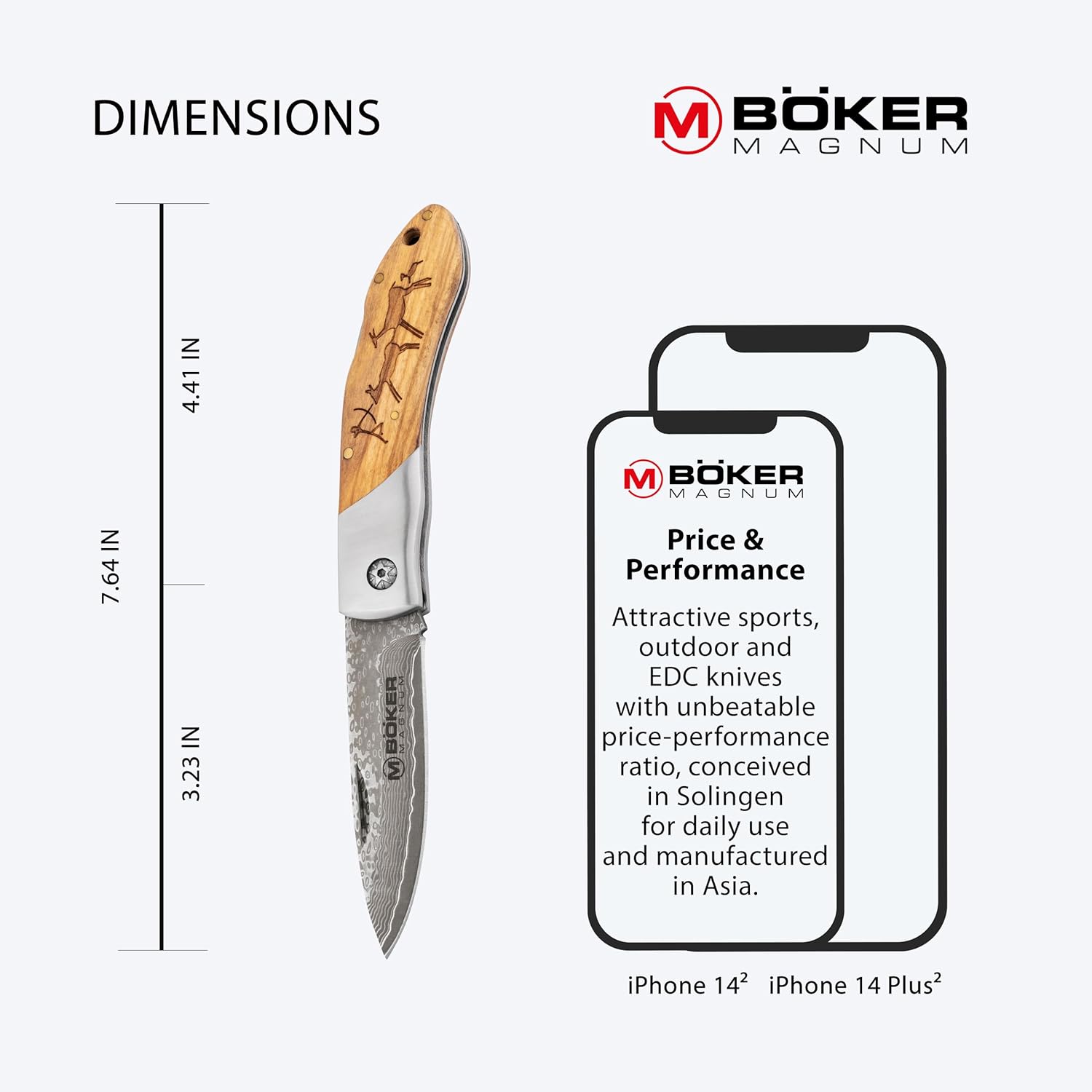 Boker Magnum 01RY818DAM Caveman Damascus Pocket Knife with 3 1/4 in. Damascus Steel Blade, Brown