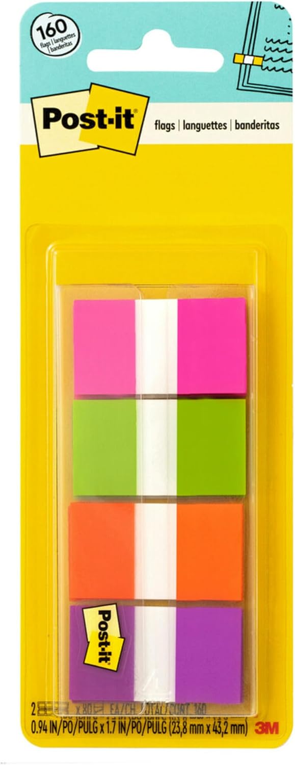Post-it Flags, .94 in. x 1.7 in., 8 Dispensers, 20 Flags/Dispenser, Assorted Colors, Back to School Supplies for Students