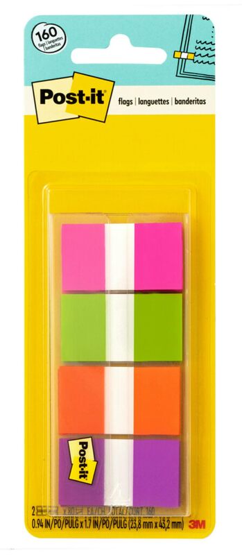 Post-it Flags, .94 in. x 1.7 in., 8 Dispensers, 20 Flags/Dispenser, Assorted Colors, Back to School Supplies for Students, Flags for Textbooks