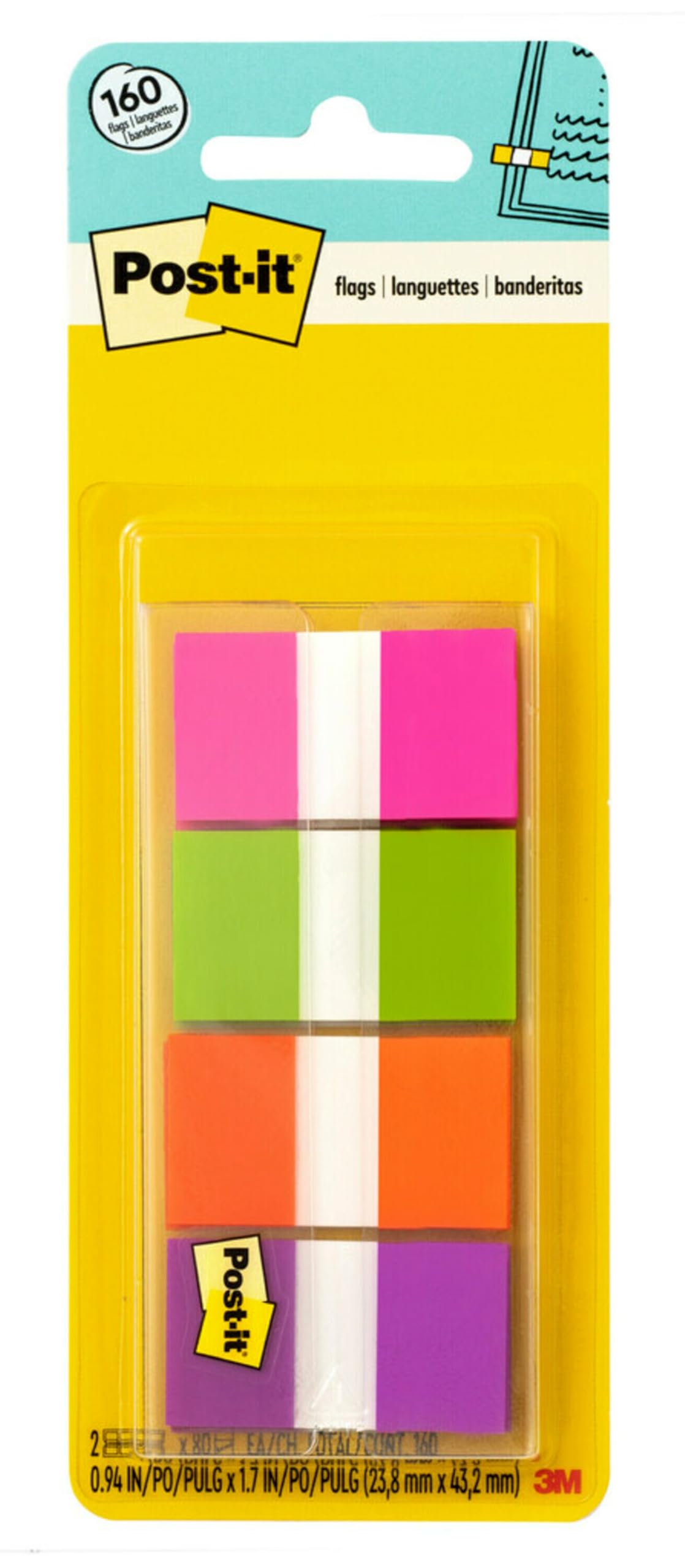 Post-it Flags, .94 in. x 1.7 in., 8 Dispensers, 20 Flags/Dispenser, Assorted Colors, Back to School Supplies for Students