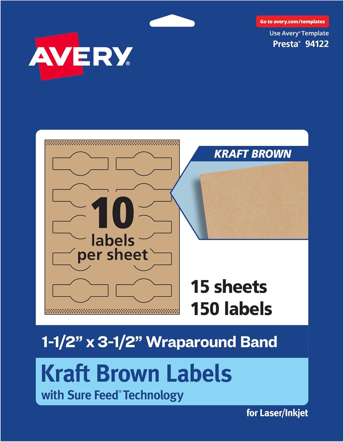 Avery Kraft Brown Wraparound Band Labels, Sure Feed Technology, 1.5" x 3.5", Cigar Band Labels, 150 Total, Print-to-The-Edge