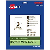 AVERY EcoFriendly Matte White Recycled Rectangle Labels, 2.5" x 4", Print-to-The-Edge, Permanent Adhesive