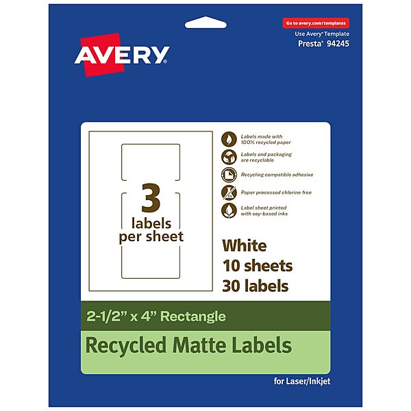 AVERY EcoFriendly Matte White Recycled Rectangle Labels, 2.5" x 4", Print-to-The-Edge, Permanent Adhesive