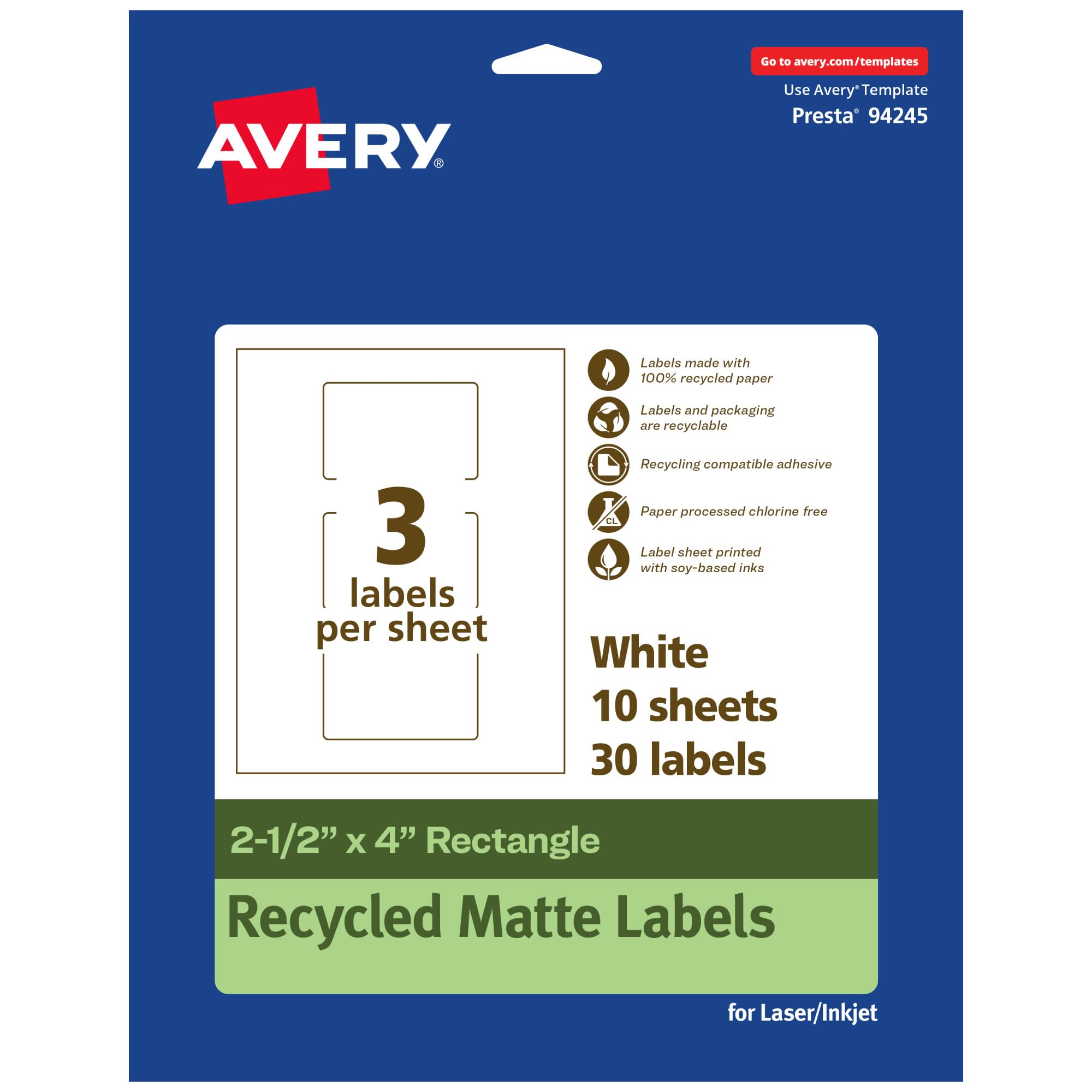 AVERY EcoFriendly Matte White Recycled Rectangle Labels, 2.5" x 4", Print-to-The-Edge, Permanent Adhesive
