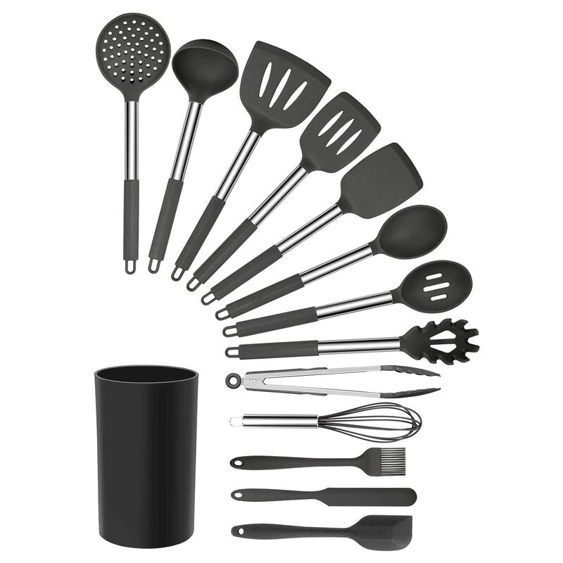 MegaChef Tool Black Utensil Set, 14 Piece, Gray and Stainless Steel