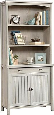 Sauder Costa Library Base, Coastal Cottage Cabinet, Office Storage Solution, Entryway Organizer - Chalked Chestnut Finish