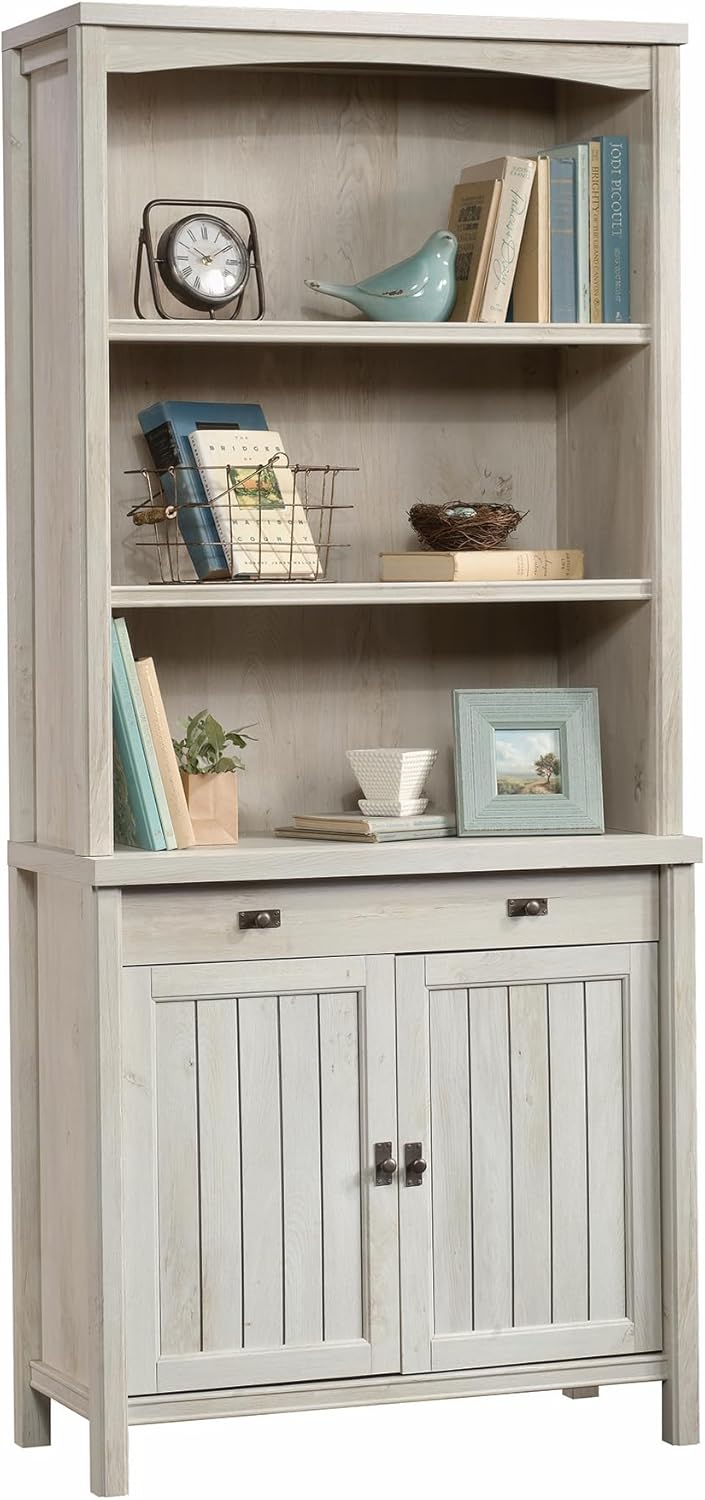 Sauder Costa Library Base, Coastal Cottage Cabinet, Office Storage Solution, Entryway Organizer - Chalked Chestnut Finish