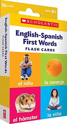 Scholastic English-Spanish First Words Flash Cards, 6-5/16inH x 3-7/16inW, Pre-K, Pack Of 56 Cards