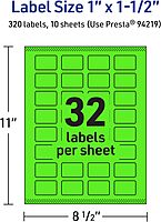 Avery Printable Rectangle Labels, Sure Feed Technology, 1" x 1.5", Neon Green, Print-to-The-Edge, Laser/Inkjet Printable