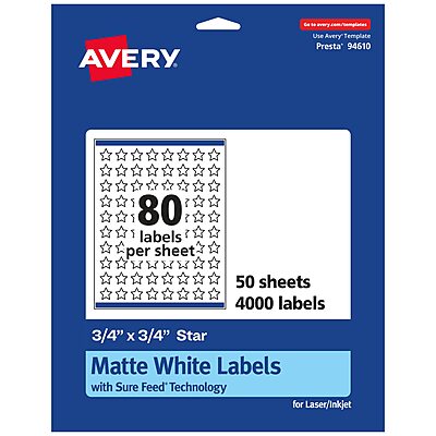 Avery Matte White Star Labels, Sure Feed Technology, 3/4" x 3/4"