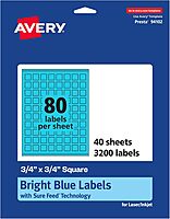 Avery Printable Square Labels, Sure Feed Technology, 3/4" x 3/4", Bright Blue, Print-to-The-Edge, Laser/Inkjet