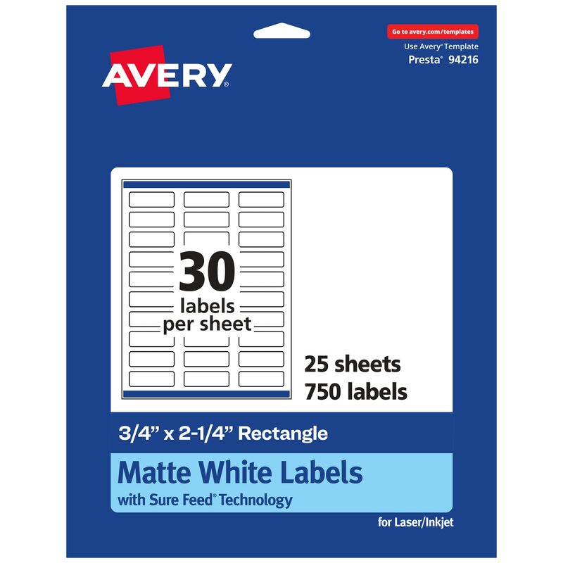 Avery Matte White Rectangle Labels, Sure Feed Technology, 0.75" x 2.25", Permanent Adhesive, Laser/Inkjet Printable
