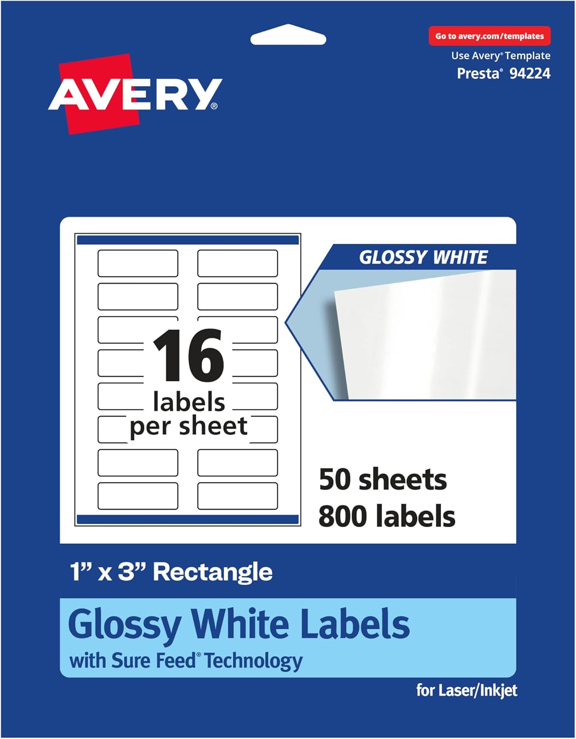 AVERY Glossy White Rectangle Labels 1" x 3" Sure Feed