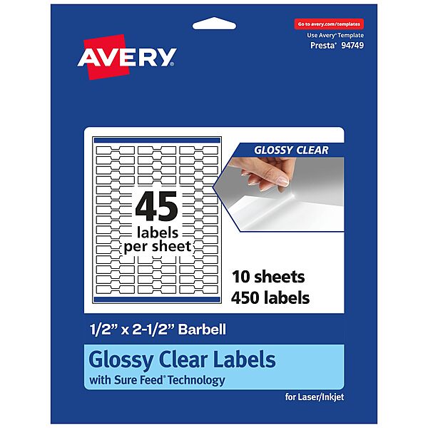 Avery Glossy Clear Barbell Labels, Sure Feed Technology, 0.5" x 2.5"
