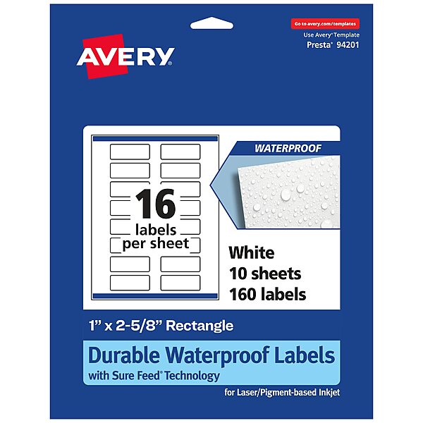 Avery Durable Waterproof Rectangle Labels, Sure Feed Technology, 1" x 2-5/8", Print-to-The-Edge
