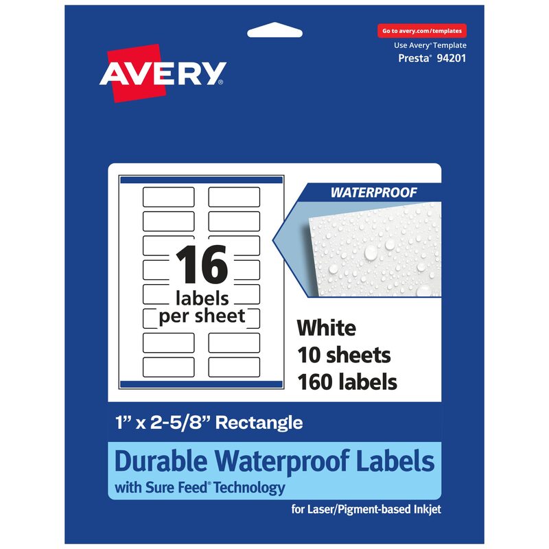 Avery Durable Waterproof Rectangle Labels, Sure Feed Technology, 1" x 2-5/8", Print-to-The-Edge