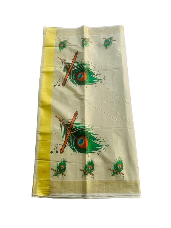 Kuthampully Kerala Kasavu Saree Tissue Mural Painted | Traditional South Indian Saree | Onam Saree - Multi Color BOM-756