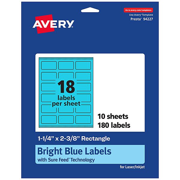 Avery Printable Rectangle Labels, Sure Feed Technology, 1-1/4" x 2-3/8", Bright Blue Labels, Print-to-The-Edge, Laser/Inkjet Printable, 180 Total, Great for Mailing 180 labels