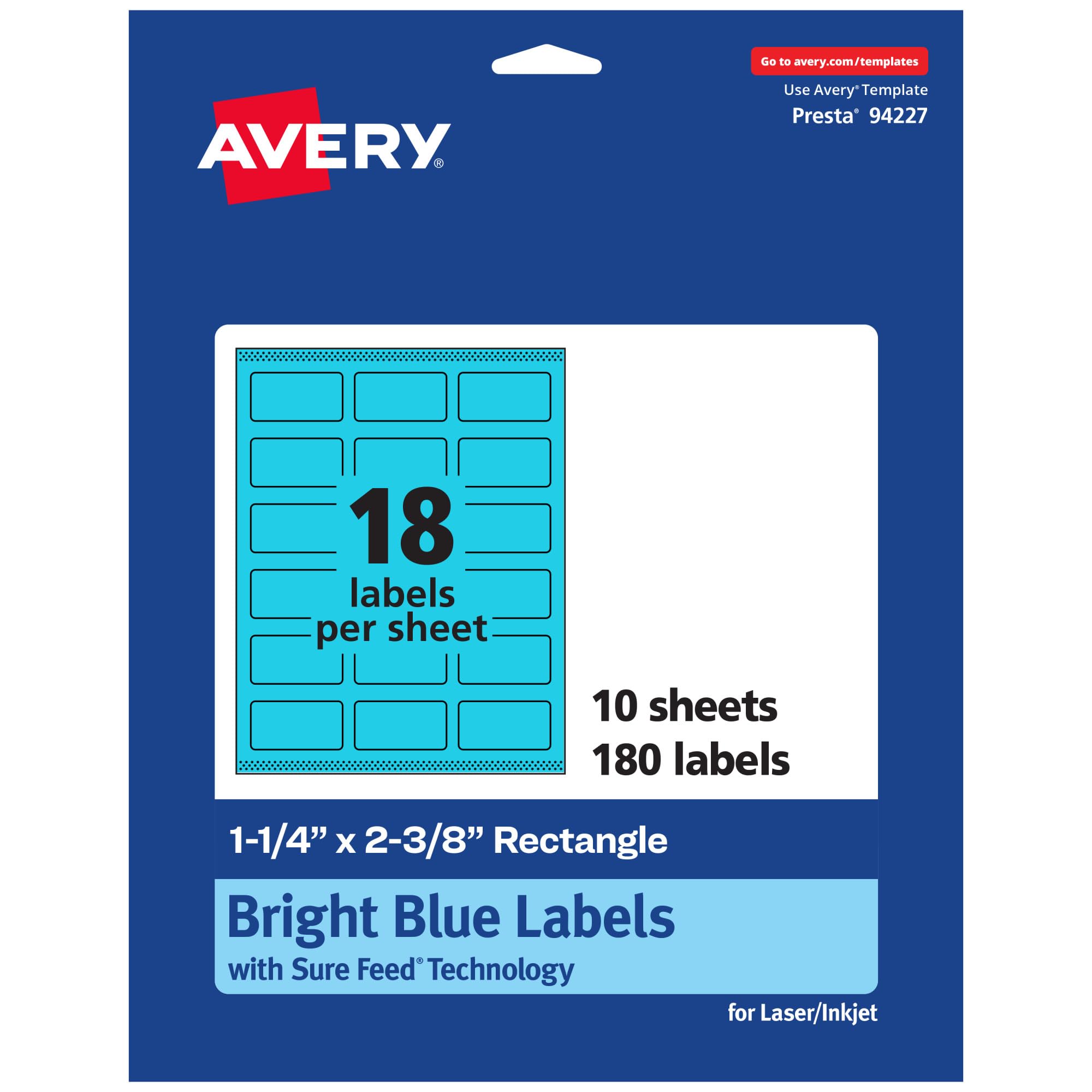 Avery Printable Rectangle Labels, Sure Feed Technology, 1-1/4" x 2-3/8", Bright Blue Labels, Print-to-The-Edge