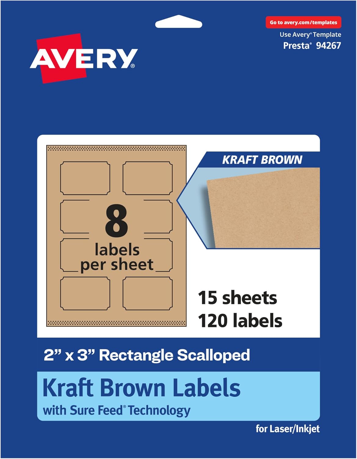 Avery Kraft Brown Rectangle Scalloped Labels, Sure Feed Technology, 2" x 3", 120 Kraft Brown Labels, Print-to-The-Edge