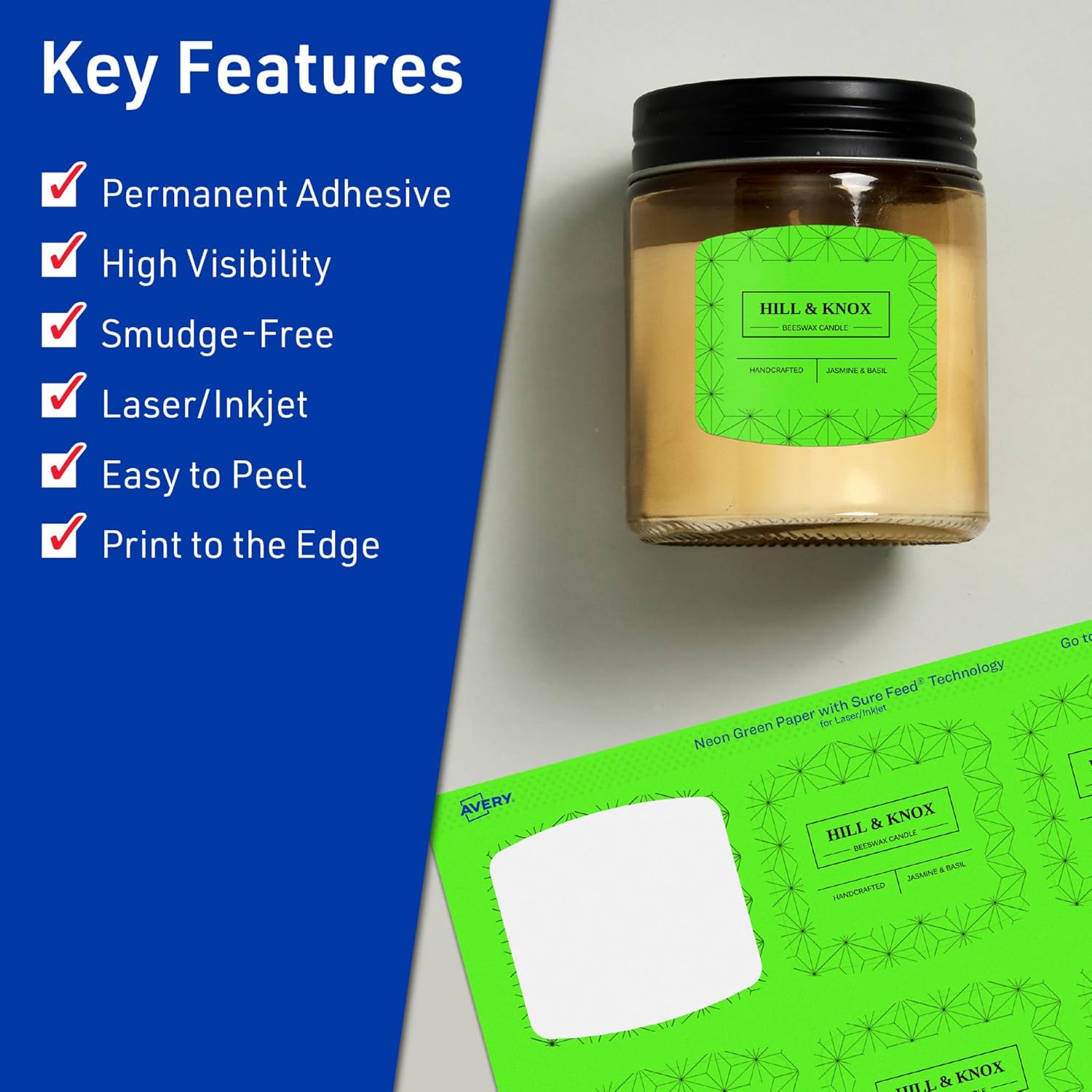 Avery Printable Arched Square Labels with Sure Feed Technology, 2 in. x 2-3/16 in., Neon Green, Print-to-The-Edge