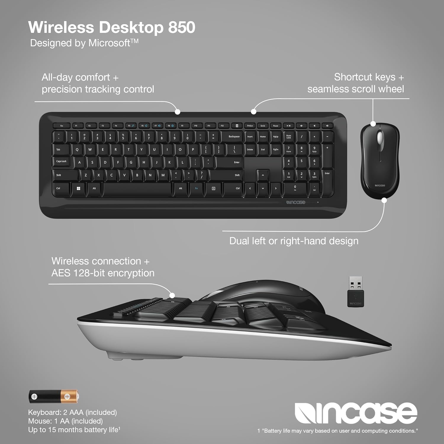 Incase Desktop 850 Keyboard & Mouse Combo – Designed by Microsoft –Wireless Connection, Precision Tracking