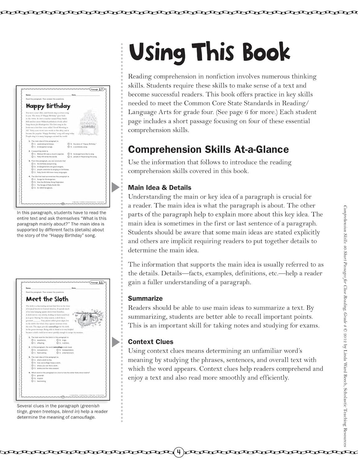 Scholastic Comprehension Skills: 40 Short Passages For Close Reading, Grade 4