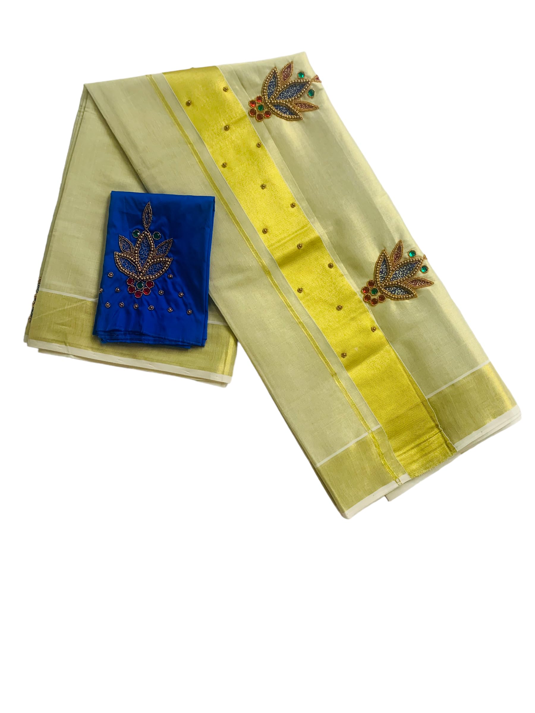 Kuthampully Kerala Kasavu Saree Tissue | Traditional South Indian Saree | Designer Indian Saree | Onam Saree - EKM-810 (Blue)