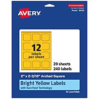 Avery Printable Arched Square Labels with Sure Feed Technology, 2" x 2-3/16", Bright Yellow, Print-to-the-Edge, Laser/Inkjet