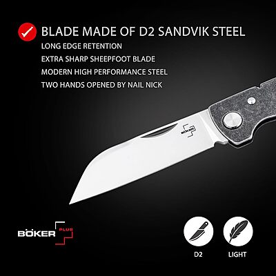 BÖKER PLUS® Atlas Backlock Sheepfoot Pocket Knife - Two-handed full metal folding knife with D2 Sheepfoot blade - EDC pocket knife with stainless steel metal handle scales