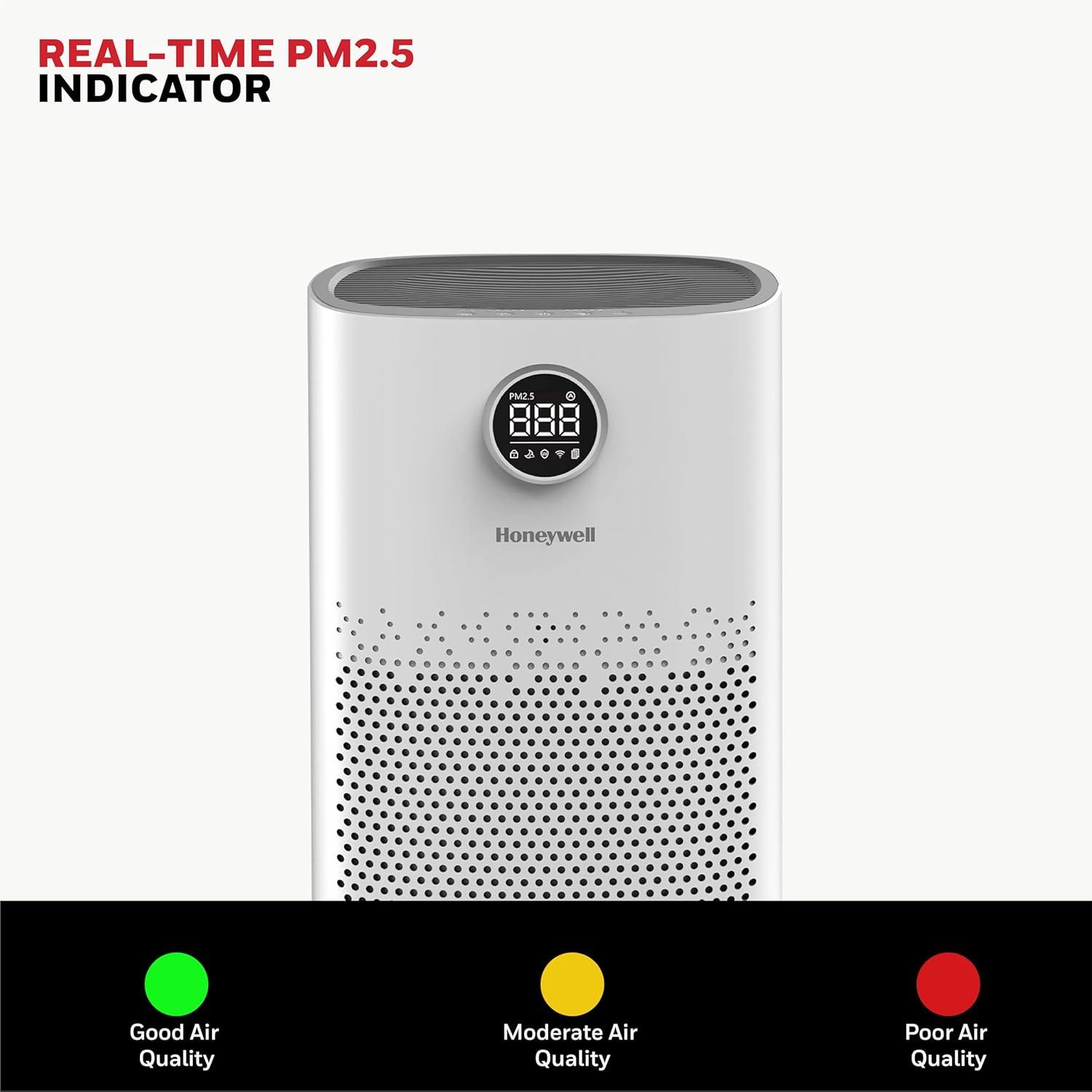 Front view of the Honeywell Air Touch P2, showcasing its clear real-time PM2.5 display. Front view of the Honeywell Air Touch P2, showcasing its clear real-time PM2.5 display.