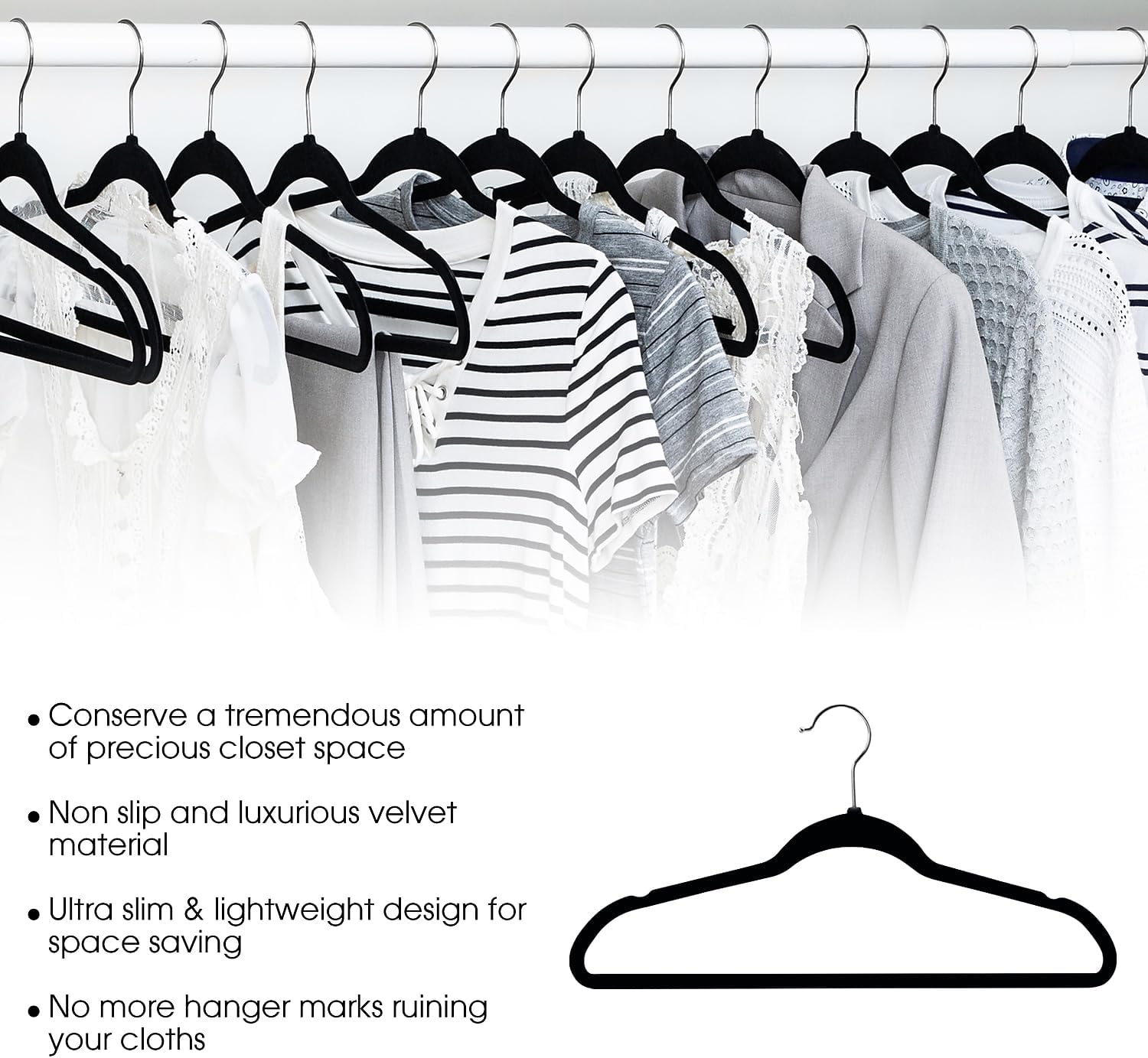 Elama Home 30 Piece Velvet Slim Profile Heavy Duty Felt Hangers with Stainless Steel Swivel Hooks in Black