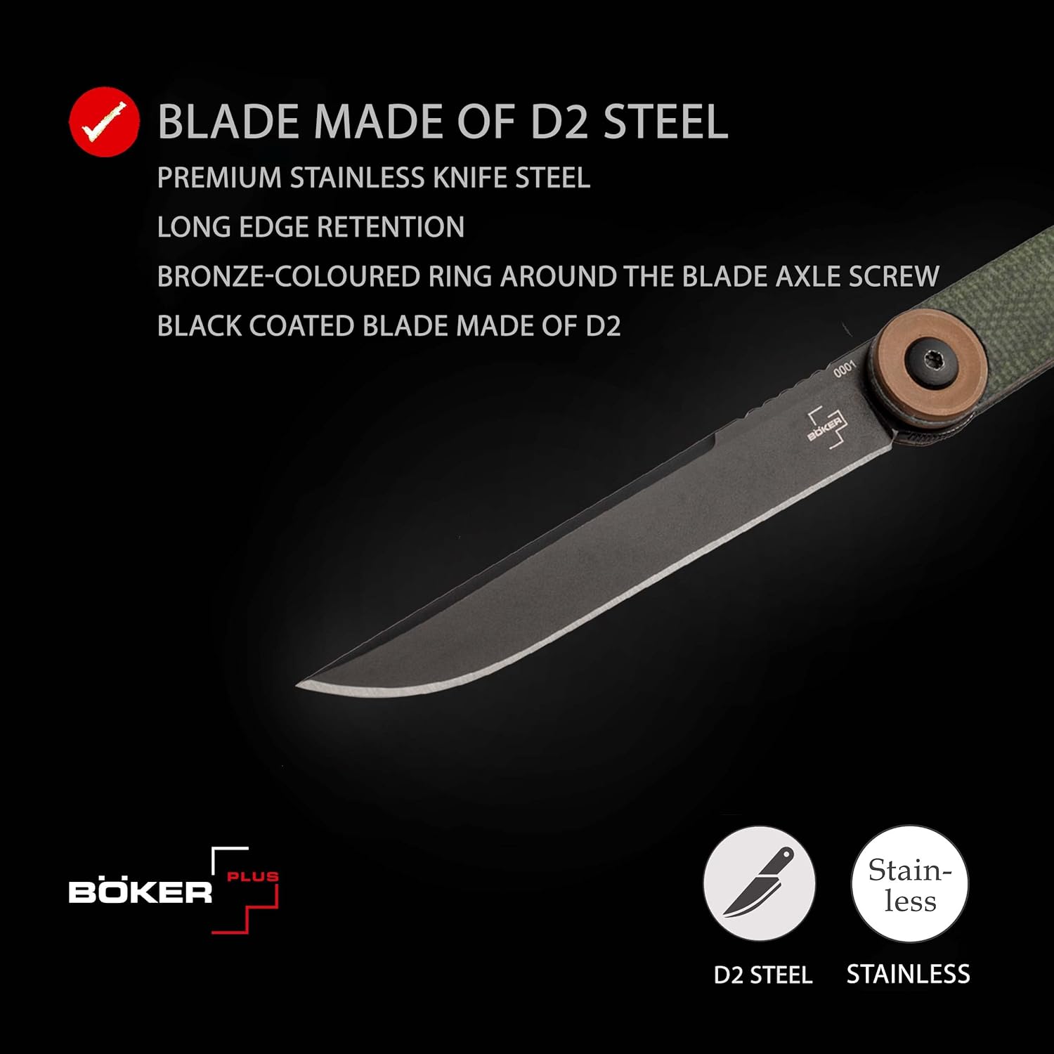 Böker Plus Kaizen Green Canvas Micarta - folding pocket knife with Micarta handle scales - D2 blade - small knife with clip