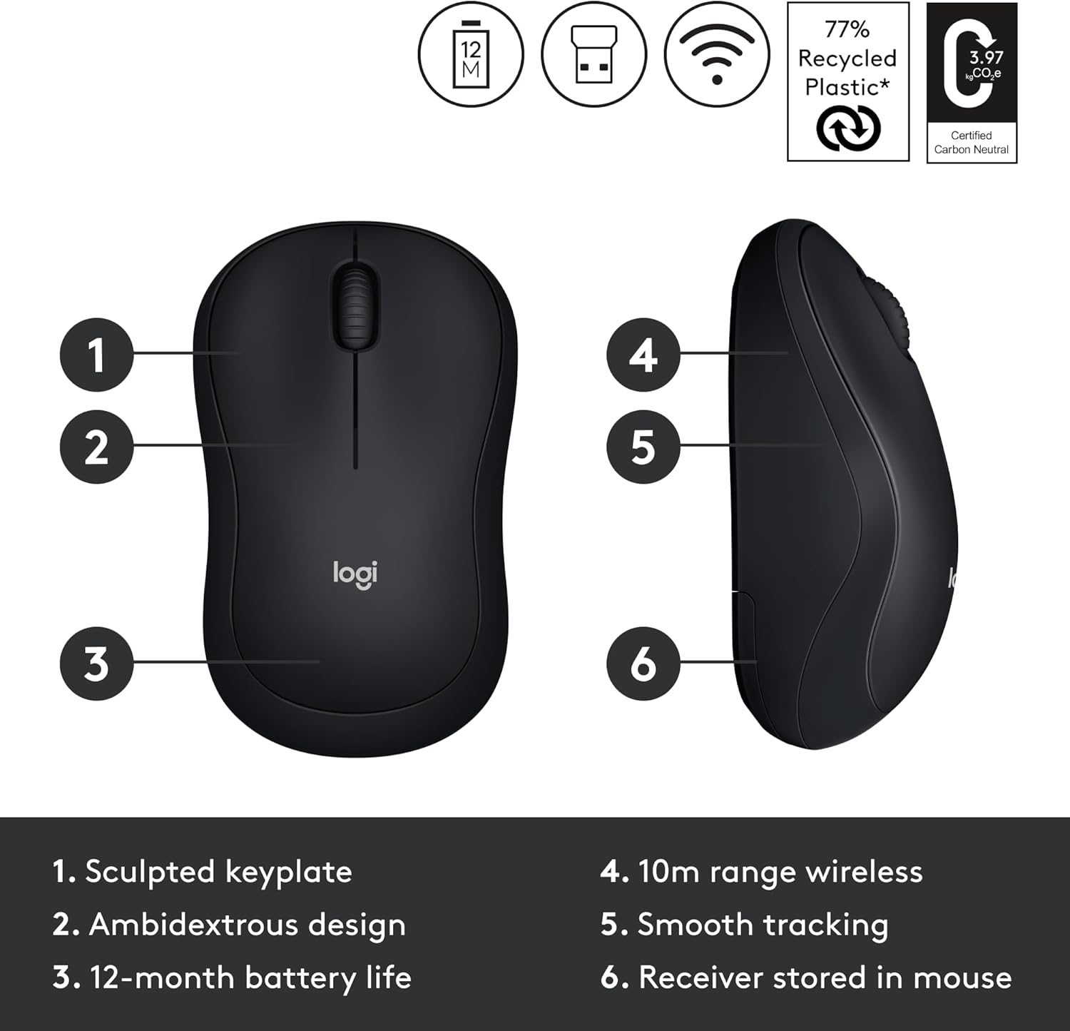LOGITECH M185 Wireless Mouse, 2.4GHz with USB Nano Receiver, 1000 DPI, Ambidextrous