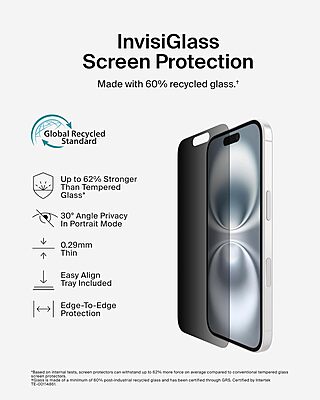 Belkin ScreenForce InvisiGlass Privacy Screen Protector for iPhone 16, 15, & 14 Pro - Slim & Scratch-Resistant