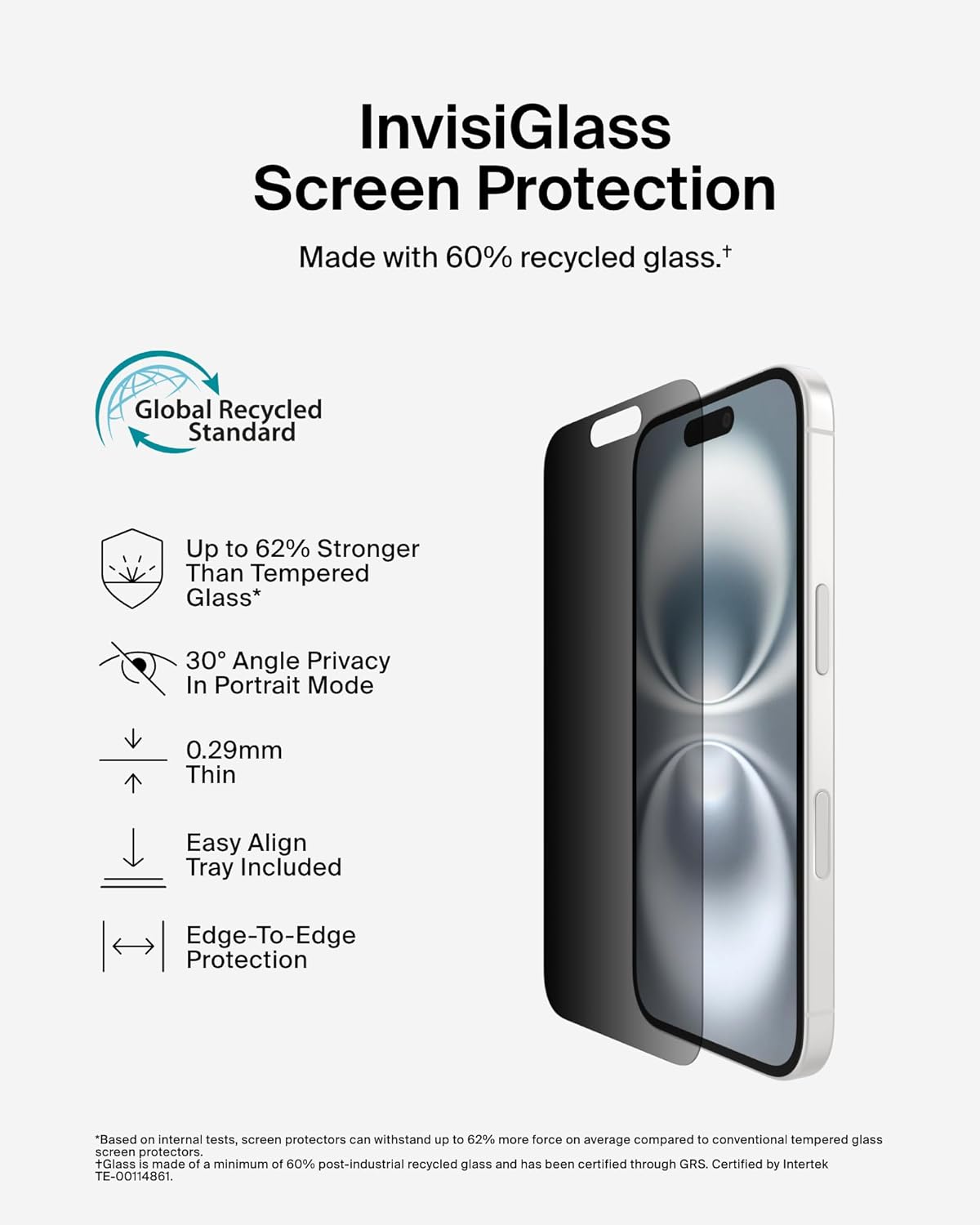 Belkin ScreenForce InvisiGlass Privacy Screen Protector for iPhone 16, 15, & 14 Pro - Slim & Scratch-Resistant