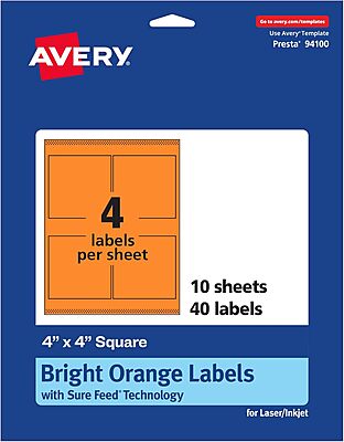 Avery Printable Square Labels, Sure Feed Technology, 4" x 4", Bright Orange