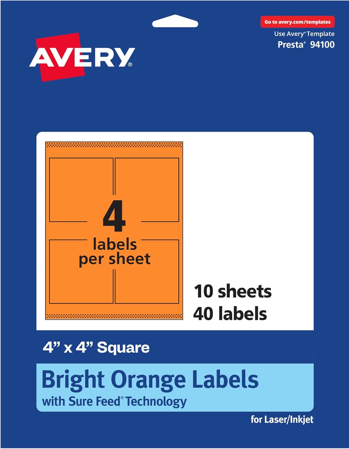 Avery Printable Square Labels, Sure Feed Technology, 4" x 4", Bright Orange