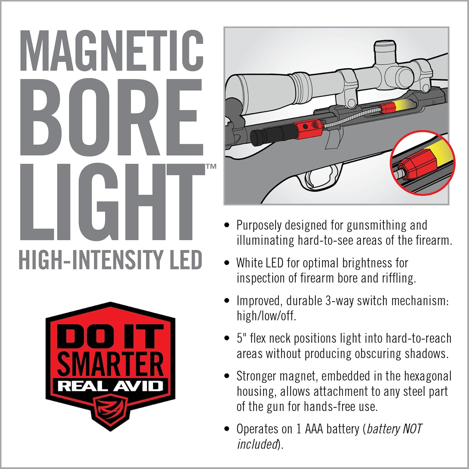 Real Avid Bore Light, Magnetic, High Intensity LED Bore Illuminator with 5” Flexible Neck for Hands Free Operation