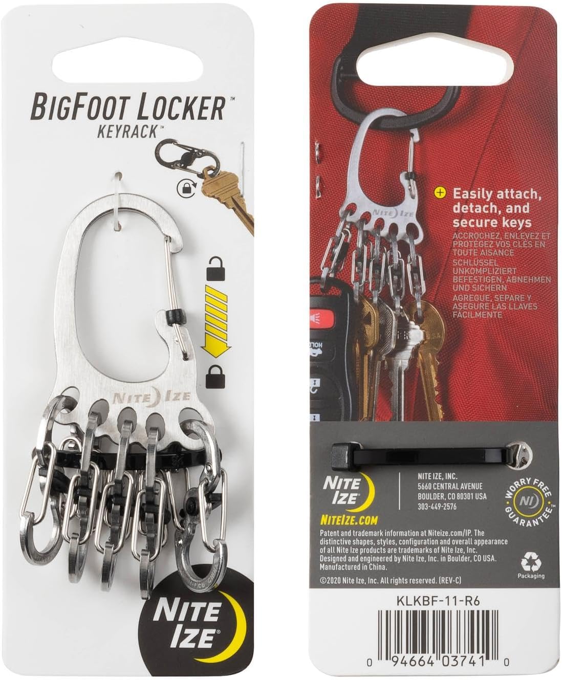 Nite Ize BigFoot Locker KeyRack Stainless Steel Key Holder with S-Biner MicroLocks