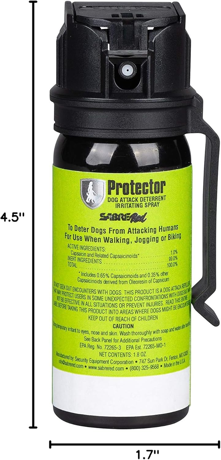 SABRE RED SABRE Protector Dog Pepper Spray & Belt Clip, Fast Flip Top Safety, 7 Bursts, 15-Foot (4.6-Meter) Range