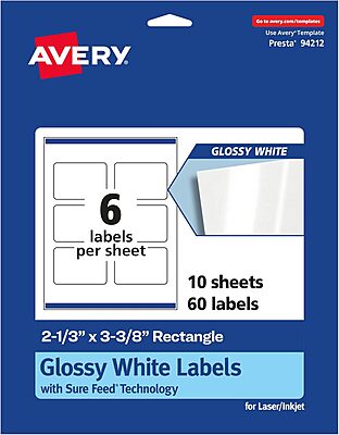 Avery Glossy White Rectangle Labels, Sure Feed Technology, 2-1/3" x 3-3/8", Print-to-The-Edge, Permanent Adhesive, Laser/Inkjet Printable