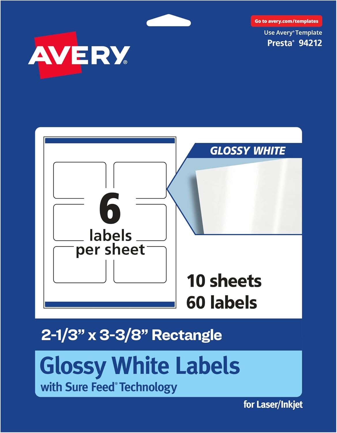 Avery Glossy White Rectangle Labels, Sure Feed Technology, 2-1/3" x 3-3/8", Print-to-The-Edge, Permanent Adhesive