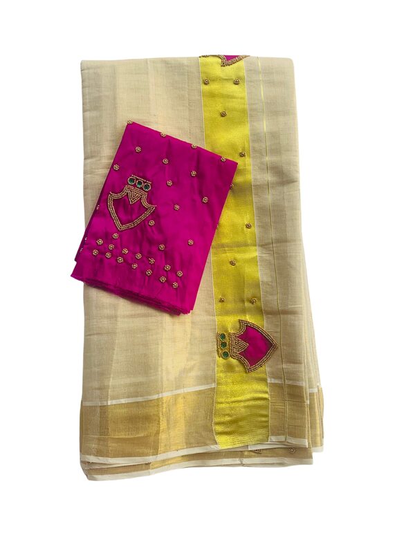 Kuthampully Kerala Sarees For Womens | Handcrafted Palakka Saree | Traditional Printed Saree For Women | Kerala Tissue Saree With Running Blouse | South Indian Zari Kasavu | KTM-599, (Pink)