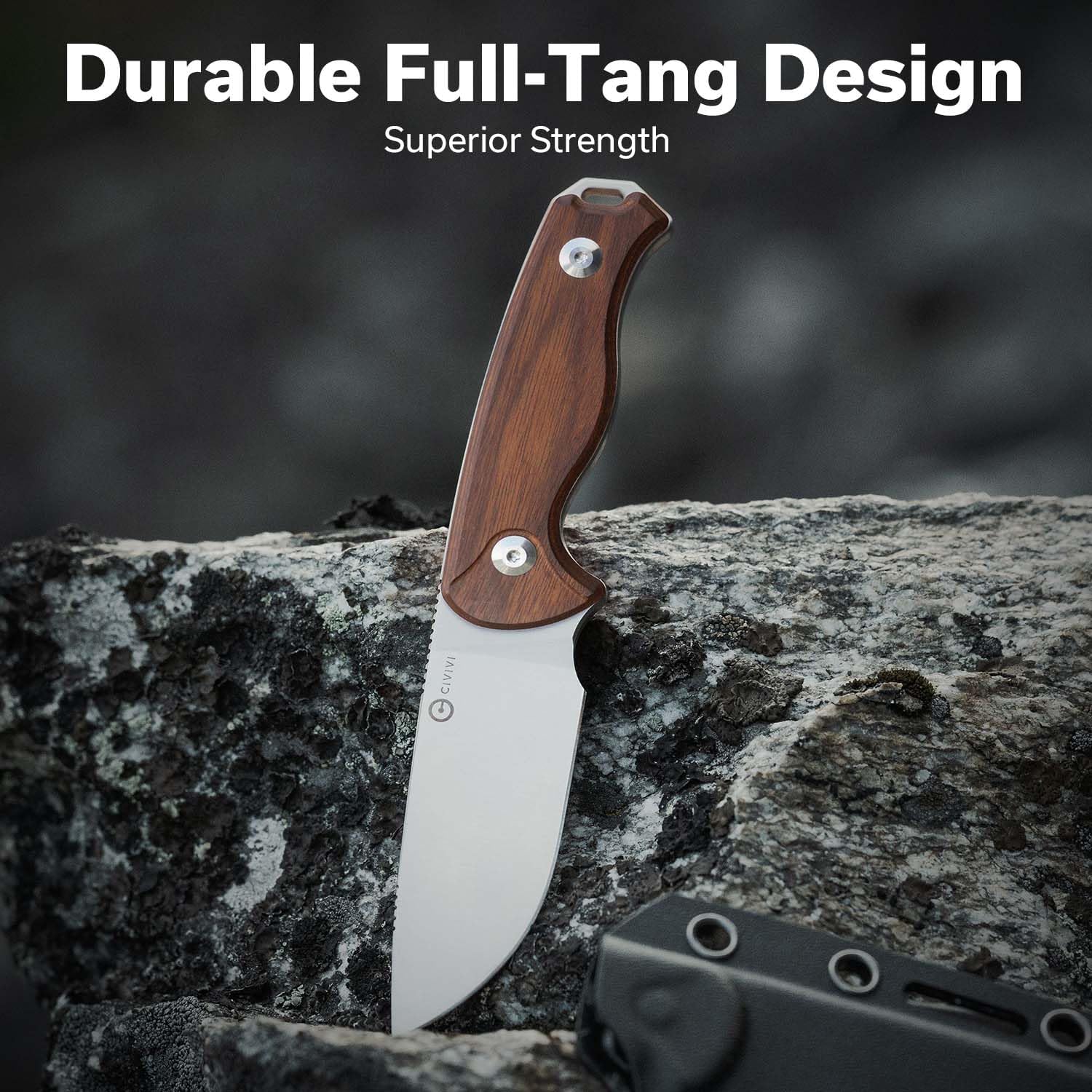 CIVIVI Timberbark Fixed Blade Knife with Kydex Sheath & Clip, 3.2" 14C28N Blade Wood Handle with Lanyard