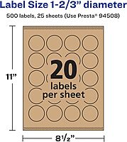 Avery Kraft Brown Round Labels, Sure Feed Technology, 1-2/3" Diameter, Print-to-The-Edge, Laser/Inkjet Printable