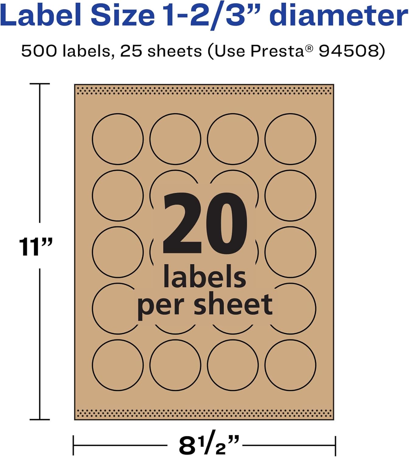 Avery Kraft Brown Round Labels, Sure Feed Technology, 1-2/3" Diameter, Print-to-The-Edge, Laser/Inkjet Printable