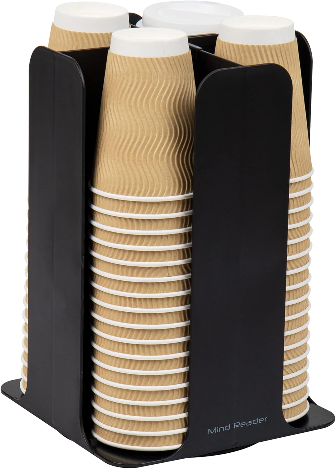 Mind Reader 4-Compartment Coffee Cup and Lid Carousel, Countertop Organizer, 7-3/4in L x 7-3/4in W x 11-1/2in H, Black