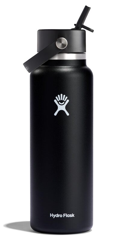 Hydro Flask Water Bottle - Insulated Stainless Steel - Wide Straw Lid, Non Spill, Leakproof in 40 Oz Black