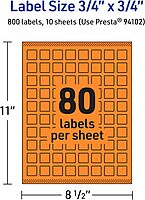 Avery Printable Square Labels, Sure Feed Technology, 3/4" x 3/4", Bright Orange, Print-to-The-Edge, Laser/Inkjet